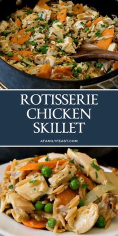 chicken skillet with carrots and peas in it