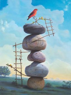 a painting of a bird sitting on top of rocks