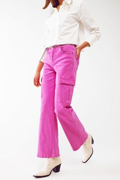 Subcategory: Jeans. Fit: Cargo. Leg: Wide leg. Style: Casual. Jean type: Basic. Detail: Belt loops. Fabric: Stretch denim. Pockets: Five pockets. Zipper: Zip fastening. Product details: Functional pockets. runs true to size. S. 98% Cotton 2% Elastane Pink Wide Leg Cargo Jeans, Pink Cotton Straight Leg Cargo Jeans, Pink Mid-rise Jeans For Fall, Pink Mid-rise Cargo Pants For Spring, Pink Straight Leg Jeans With Pockets, Casual Mid-rise Pink Cargo Pants, Casual Pink Mid-rise Cargo Pants, Pink Jeans With Five Pockets For Fall, Pink Cargo Pocket Cotton Jeans