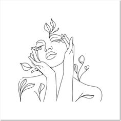 a line drawing of a woman's face and hands