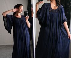 "FREE DOMESTIC SHIPPING Beautiful and timeless vintage 70s navy blue gauze cotton maxi dress. Amazingly comfortable, designed with fairy sleeves and tonal macrame through sleeve and neckline trim. Absolutely perfect to throw and and go or stay in all day. Please refer to measurements below for best fit. <> Designer: Unlabeled <> Fabric; 100% Cotton Gauze <> Size: Unlabeled, please refer to measurements for best fit. ( model wears size 4-6, stands 5'8\" ) <> Measurements: laying flat from left to right      underarm to underarm: 22\" ( 44\" around )      waist: OPEN      hips: OPEN      overall length: 51\" <> Condition: Great Vintage Condition. Please note that vintage items are not new and therefore might have minor imperfections. Please feel free to ask with any questions you may have an Summer Day Dresses, Bohemian Summer, Cotton Maxi, Peasant Dress, Maxi Dress Cotton, Vintage Jeans, Quality Clothing, Vintage 70s, Dress Clothes For Women