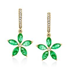 Ross-Simons - C. 1990 Vintage 2.16ct t. w. Emerald, .29ct t. w. Diamond Flower Drop Earrings. C. 1990. From our Estate collection, beautiful gemstone blooms emerge just in time for spring! These delightful drop earrings feature 2.16 ct. t. w. marquise emerald flowers that dangle from .29 ct. t. w. round brilliant-cut diamond tops. Crafted in polished 14kt yellow gold. Hanging length is 1". Hinged post, diamond and emerald flower drop earrings. Exclusive, one-of-a-kind Estate Jewelry. Emerald birthstones are the perfect gift for May birthdays. Emerald Earrings 1stdibs, Emerald And Diamond Drop Earrings, Emerald Flowers, Diamond Tops, Jewelry Emerald, Emerald Birthstone, Flower Drop Earrings, May Birthday, Fine Jewelery