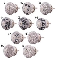 six different types of knobs with numbers and designs on the front, side, and back