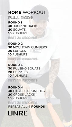 a man doing squat exercises with the text, home workout full body round and squats