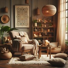 a living room filled with lots of furniture and decor on top of a hard wood floor