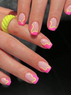 Multicolor  Collar   Colorblock Color Nails Embellished   Nail,Hand & Foot Care Pink And Yellow Manicure, Square Acrylic Nails Bright Colors, Yellow And Hot Pink Nails, Summer Nail 2024 Trends Square, June Nails Square, Nail Designs Summer With Gems, Cute Stick On Nails, Fun Summer French Tip Nails, Festival Nails Square