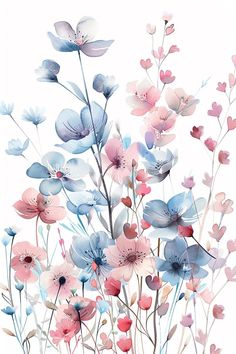 a painting of pink and blue flowers on a white background