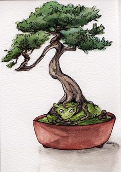 a drawing of a bonsai tree in a red bowl with green leaves on it