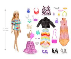 a barbie doll with clothes and accessories for her to wear in the summertime sun