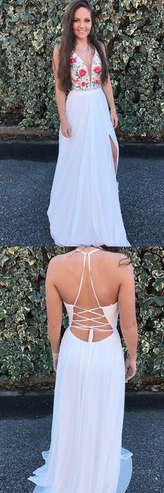 Beauty Flowy White bordado con cuello en V vestidos de baile vestidos de fiesta Dress Formal Short, Dresses Sweet 16, Graduation Cocktail, Embellishment Embroidery, Orange Chiffon, V Neck Prom Dresses, Party Dresses Online, Affordable Prom Dresses, Bridesmaid Dress Sizes