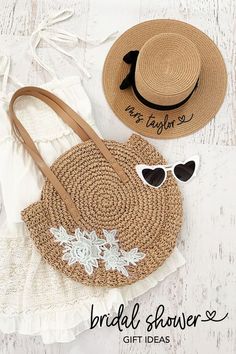 the bridal shower gift ideas are on display with hats, sunglasses and a straw bag