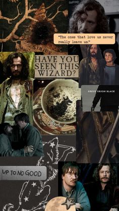 the collage has many different pictures and captions on it, including one that says have you seen this wizard?