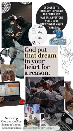 a collage of images with words and pictures on them, including an open laptop