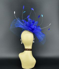 Blue Mini Hat For Royal Ascot Wedding, Blue Headpiece For Races, Blue Headband For Kentucky Derby, Royal Blue Wedding Fascinator, Royal Blue Fitted Fascinator For Wedding, Blue Fitted Fascinator For Wedding, Blue Headband For Royal Ascot, Multicolor Wedding Headband Fascinator, Multicolor Headband Fascinator For Weddings