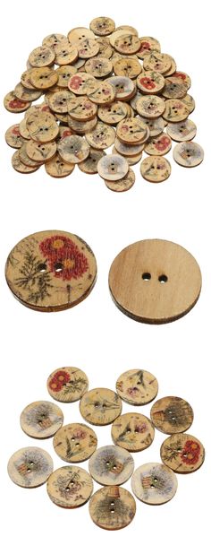 several different types of wooden buttons on a white background