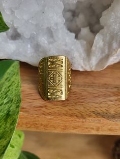 A beautiful brass statement ring featuring handcrafted geometric designs.  A true statement piece. High Quality and adjustable  100% Brass Gold Etched Brass Rings, Unique Gold Rings With Etched Details, Unique Etched Gold Rings, Bohemian Brass Midi Rings, Bohemian Brass Rectangular Jewelry, Adjustable Etched Gold Rings, Adjustable Vintage Engraved Brass Ring, Bohemian Gold Midi Rings Nickel Free, Gold Bohemian Midi Rings In Brass