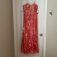 Nwt Brand New Never Worn Great Condition Beautiful Colors & Shimmer Cute Strapless Cut Perfect For A Fancy Outing In The Summer Aqua Dresses, Aqua Dress, Coral And Gold, Gold Dress, Pink Gold, Pink And Gold, Strapless Dress, Beautiful Colors, Colorful Dresses