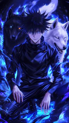 an anime character sitting in front of two wolfs