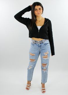 90s Baby Zip Up Hoodie ★ Black - Rock N Rags Black Zipper Closure Casual Cardigan, Casual Ribbed Streetwear Outerwear, Casual Ribbed Outerwear For Streetwear, Casual Tops With Zipper Closure For Loungewear, Fitted Casual Cardigan With Zipper, Trendy Hoodie With Zipper Closure, 90s Outfits, Cropped Zip Up Hoodie, Zip Up Cardigan