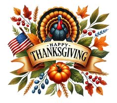 a happy thanksgiving sign with a turkey and an american flag in the middle of it