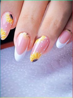 24pcs Medium-Length Nails White French Style With Sunflowers Nail Art Decoration #fall #nail #design #ideas Summer French Tip Nails, Nails White French, Press On Nails White, Almond Press On Nails, Yellow Nail Art