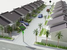 an artist's rendering of a residential area with cars parked on the street and palm trees