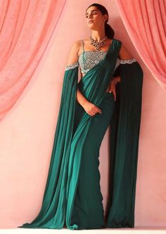 Embellished choli with attached flared sleeves paired with a pre-draped sari. Custom Tailoring, Flared Sleeves, Asian Fashion, Emerald Green, Custom Sizing, Emerald, Chiffon, Sleeve Length, Green