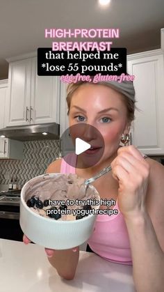 a woman holding a bowl of ice cream in her hand with the caption high - protein breakfast that helped me lose 55 pounds