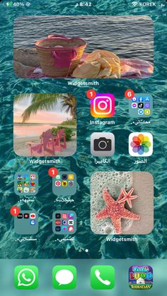 an iphone screen with various pictures and icons on the bottom right hand corner, including a starfish