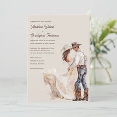 a wedding card with an image of a cowboy and a bride in a white dress