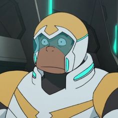 an animated character wearing a yellow and white outfit with green lights around his neck, looking at the camera