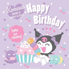 happy birthday card with cute animals and cupcakes