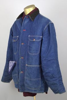 60s Big Mac Barn Coat Sanforized Blanket Lined Union Made Chore Barn Dark Denim Jacket. This jacket is in good vintage condition. Beautiful dark indigo chore railroad barn jacket, made in the USA. These old barn coat's are becoming harder and harder to come by. Great Classic Americana look, can't ever go wrong with vintage denim. Measurements shoulders: 20'' chest: 50'' sleeve: 25'' length: 34'' Retro Pre-washed Cotton Outerwear, Vintage Pre-washed Denim Blue Outerwear, Vintage Blue Pre-washed Outerwear, Vintage Pre-washed Cotton Denim Jacket, Retro Washed Denim Blue Outerwear, Vintage Indigo Outerwear Pre-washed, Retro Outerwear With Patch Pockets In Medium Wash, Retro Denim Blue Outerwear With Button Closure, Vintage Blue Denim Jacket For Winter