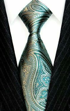 Silver Tie, Green Paisley, Black Suit, Silk Necktie