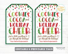 two christmas tags with the words cookies and cocoa and holiday cheer