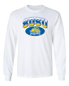 South Dakota State Jackrabbits Long Sleeve Tee Shirt - SDSU Full Color Fade Plus Primary Logo Long Sleeve Graphic Print Shirt For Fans, Long Sleeve Shirt With Graphic Print For Fans, Cotton Long Sleeve Tops For Fan Merchandise, Fan Apparel Long Sleeve Top With Logo Print, Long Sleeve College Shirt With Letter Print, College Long Sleeve Shirt With Letter Print, White Long Sleeve Tops For Fan Gear, Long Sleeve Screen Print Fan Apparel Top, Long Sleeve Fan Apparel Top With Logo Print