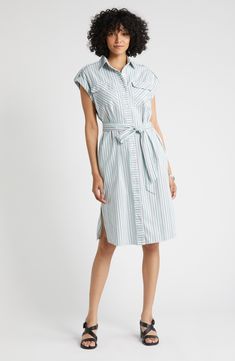 This striped cotton shirtdress evokes utility-inspired style with patch pockets at the chest and roll tabs at the shoulders. 45" length (size Medium) Front button closure Spread collar Short sleeves with roll-tab cuffs Chest flap-patch pockets; side-seam pockets Removable tie belt Unlined 100% cotton Machine wash, line dry Imported Cotton Shirt Dress With Pockets For Work, Cotton Short Sleeve Shirt Dress With Buttoned Pockets, Collared Cotton Shirt Dress With Pockets, Knee-length Cotton Shirt Dress With Buttoned Pockets, Striped Cotton Shirt Dress With Buttons, Cotton Relaxed Fit Shirt Dress With Buttoned Pockets, Relaxed Fit Cotton Shirt Dress With Buttoned Pockets, Striped Midi Shirt Dress For Work, Cotton Shirt Dress With Buttoned Pockets And Relaxed Fit