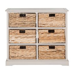 a white dresser with wicker baskets on the top and bottom drawers in different sizes