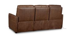 a brown leather couch with three reclinings on the back and one arm facing forward