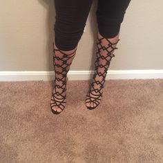 Gorgeous Black Gladiator Heel Are Sure To Give You A Sexy Look Brand New Edgy Black Heels For Night Out, Black Heels For Going Out, Fitted Black Heels For Date Night, Black Strappy Heels For Date Night, Black Fitted Heels For Date Night, Black Strappy Heels For Night Out, Edgy Black Heels For Club, Gladiator Heels Outfit, Thigh High Gladiator Sandals