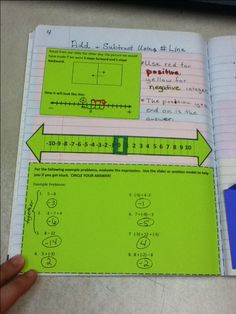 a hand is holding an open notebook with numbers and symbols on it, along with a calculator