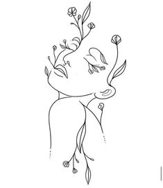 a line drawing of a woman with flowers on her head and eyes closed to the side