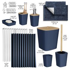 blue bathroom accessories including toilet brush, soap dispenser, toothbrush holder and other items