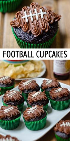 cupcakes with chocolate frosting and football decorations are on a plate next to other cupcakes