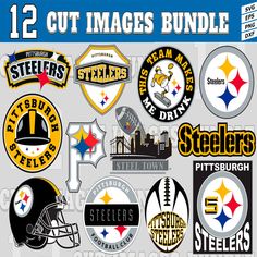 the pittsburgh steeles football team stickers are shown in various colors and sizes, including black