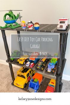 a toy car parking garage with cars and trucks on the shelf for under $ 50