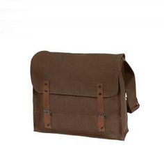 a brown canvas messenger bag with leather straps