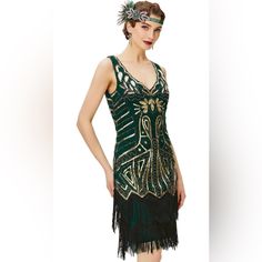 New Without Tags Never Worn Summer Embellished Flapper Dress For Costume Party, Embellished Flapper Dress For Summer Costume Party, Elegant Spring Flapper Dress For Costume Party, Fitted Beaded Fringe Flapper Dress For Summer, Vintage Summer Flapper Dress For Night Out, Fitted Beaded Dress For Costume Party, Elegant Green Flapper Dress For Party, Summer Flapper Style Fitted Dress, Elegant Green Flapper Dress For Evening