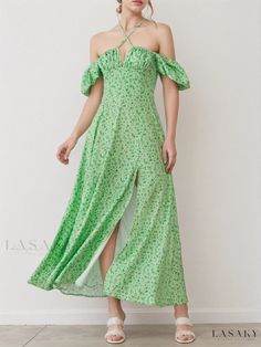 Elegant Maxi Dress by Trisha Spring Fitted Off-shoulder Maxi Dress, Casual Fitted Floor-length Dresses, Off-shoulder Fitted Maxi Dress For Garden Party, Fitted Off-shoulder Maxi Dress For Garden Party, Spring Off-shoulder Midi Dress For Casual Wear, Off-shoulder Midi Dress For Spring, Floor-length Spring Brunch Dress, Spring Brunch Floor-length Dress, Green Off-shoulder Fitted Maxi Dress