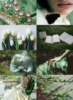 a collage of photos with flowers, books and other things in it's center